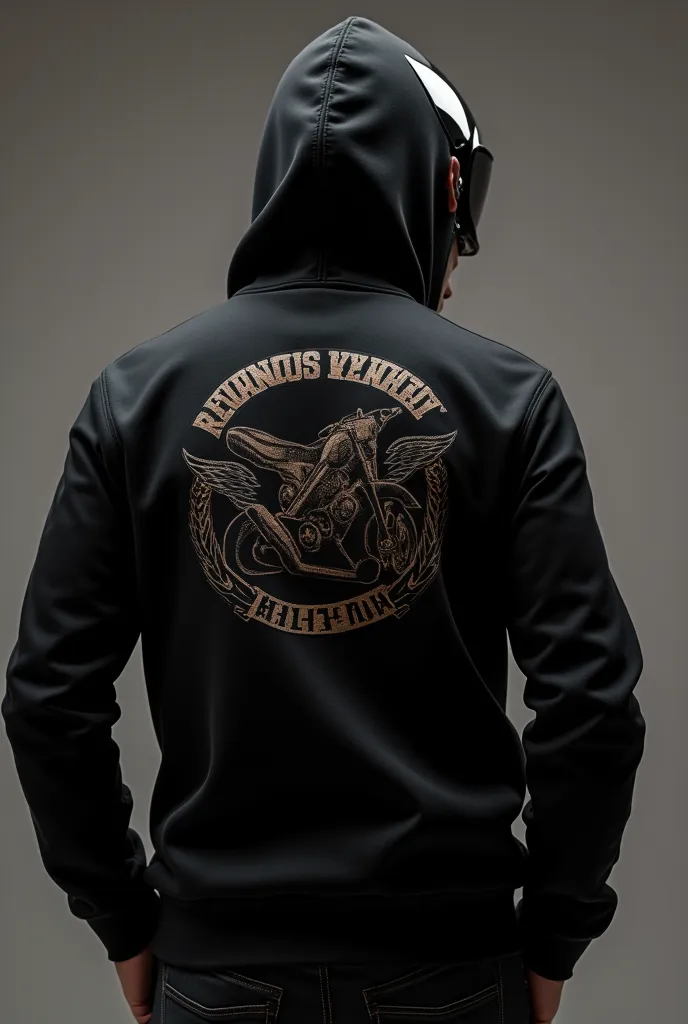 
"Creates an image of a black hoodie from the brand Dominar, inspired by the robust and sporty aesthetics of the Dominar 250. The design must prominently incorporate the logos and emblems of well-known motorcycle brands, referring to the fact that brands s...