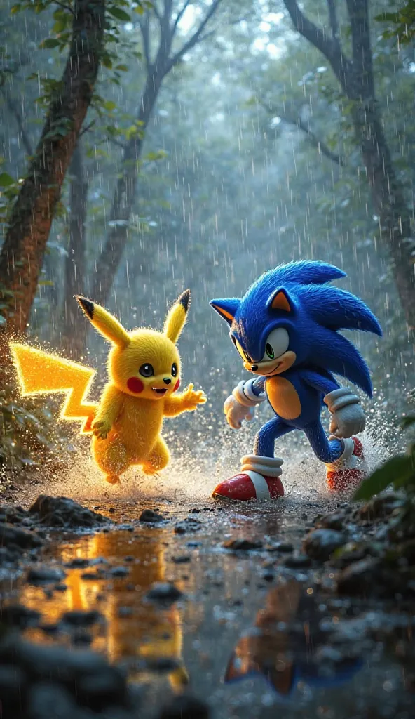 in a dark forest, a fight between Pikachu and Sonic, under the rain.