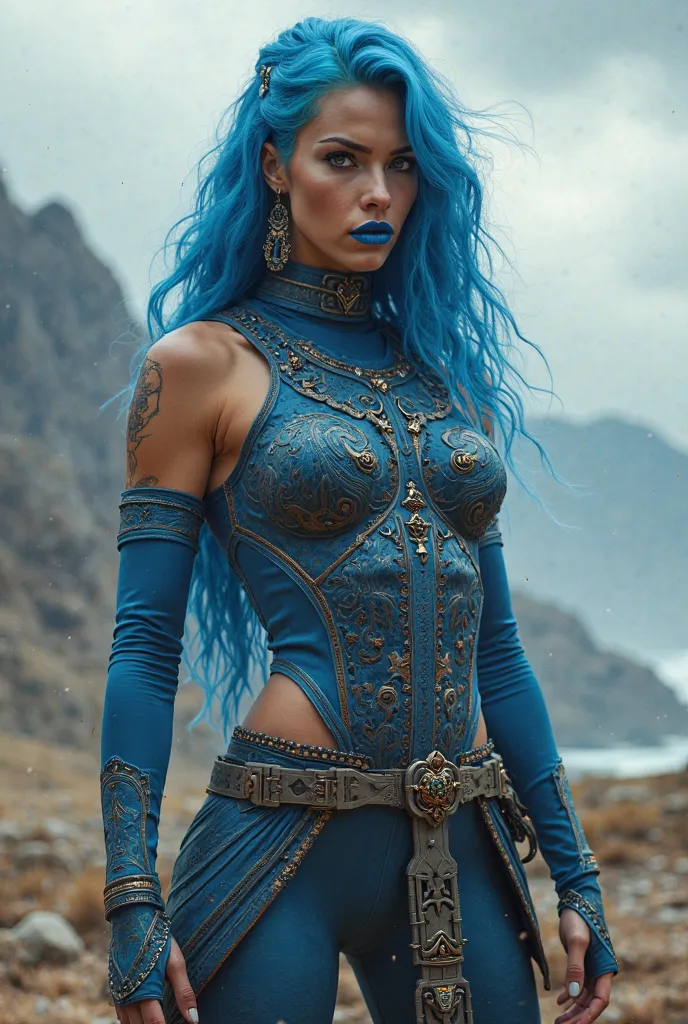 warrior queen, blue hair, blue lip gloss and lycra