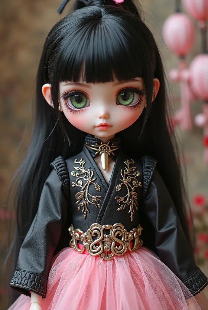 Create an image of a doll wearing the outfit a pink pink tulle skirt  the black kawaii metal blouse. And the black hair is tied in a ponytail style,   green eyes .,  Tsu no Taisai ..metal 