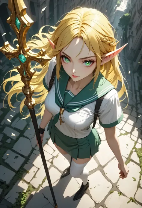 (masterpiece, best quality:1.2), a woman, solo, standing posing, looking for forward, Full body, from above,
elf, pointy ears, braided hair, yellow hair, green eyes, detailed eyes,
BREAK job: bishop,
Costume: mint sailor uniform, short skirt, short slee...