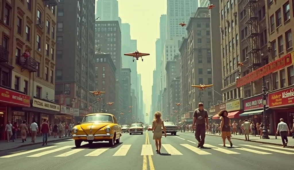 Streets of a retro 1950s New York, vintage, Ultra-realistic image, a mix of past and future with flying cars, science fiction visual, robots, people and families circulate around the scene, Tecnicolor style colors from the cinema of the 1950s. 