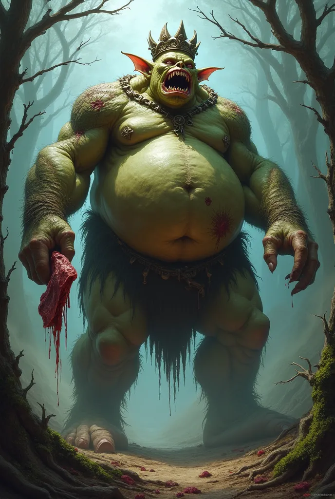 Dnd. Gigantic and very fat goblin king, very fat, fat, fat, who always hungry. Taller then trees. Has crown of bones, and holds meat on bone in one hand. Grim and dark.