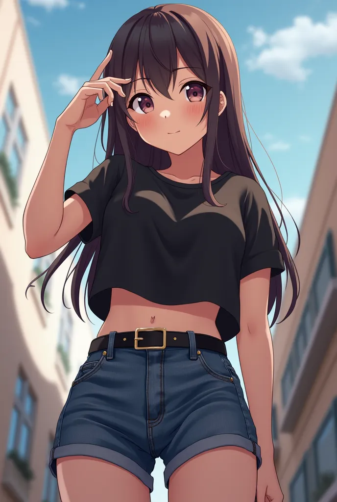 a tall anime cute high school daughter, as she wears a black crop top with short sleeves with her boobs showing, and she is wearing jeans shorts that are slightly dark, as the jeans shorts has a black belt, as she has long straight dark brown hair, as she ...