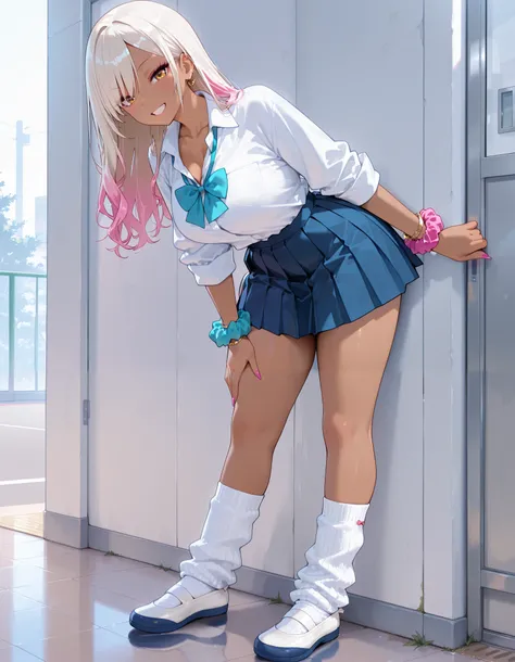 ,gyaru, collarbone, bow, loose bowtie, white shirt, collared shirt, long sleeves, bracelet, wrist scrunchie, blue skirt, pleated skirt,
white socks, white loose socks, (indoor shoes:1.3), (white indoor shoes:1.3),uwabaki, school shoes,