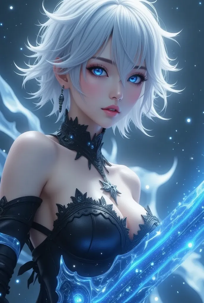 ultra detailed, absolutely resolution, masterpiece, highly detailed, sharp focus, vivid colors, soft lighting, cinematic composition, beautiful and mysterious female warrior resembling a black rose, with a huge glowing blue holy sword, white pixie cut with...