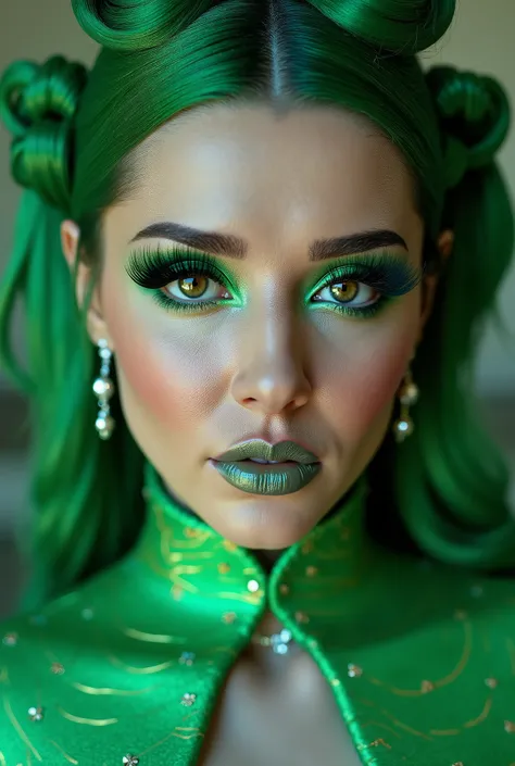 incredibly long and voluminous false eyelashes, bright green makeup, green hair , diamond earrings , collar, green lips, her lips are pursed., bow shaped hair ,