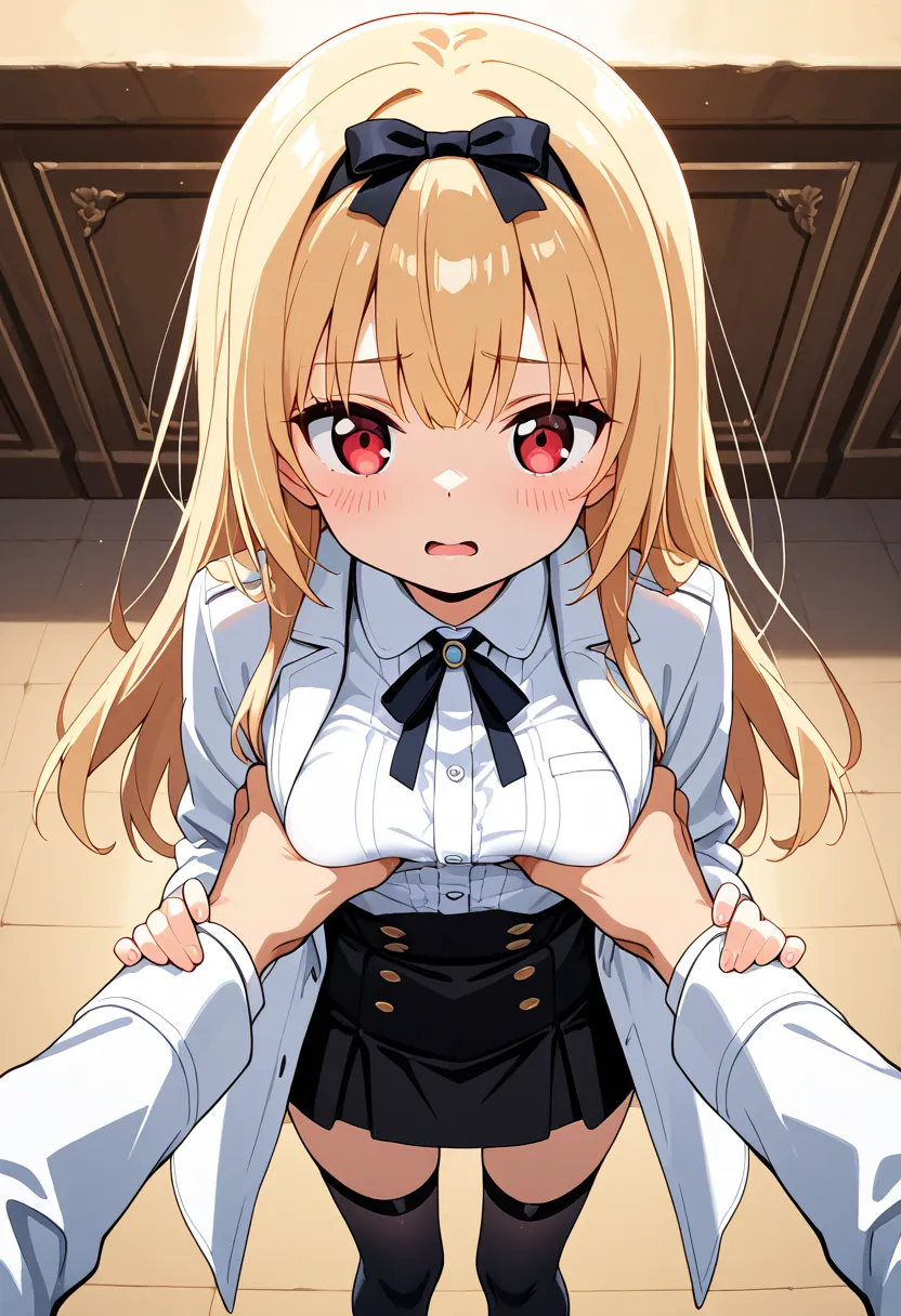 (grabbing breasts), (POV's hands), 1 cute woman, slim, (standing up straight), embarrassed, open mouth, 
(blonde hair), long hair, red eyes,
BREAK 
White shirt, black skirt, white coat, black thighhighs, black hairband, hairbow, neck ribbon, (from front), ...