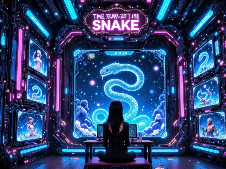 (Add text"the Year of the Snake", holographic huge font:2) {x} , Zodiac personification, Characters 選択画面、(# Characters :Snake character),Snake character を選択,Centered, game screen,Character selection screen:2), videogamest...