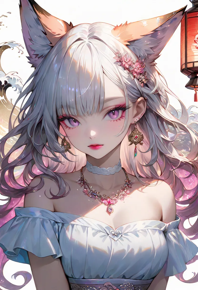  masterpiece, top quality, high image quality, (white background: 1.4), [      glitter], [stares at viewers, portraits, art ], (long hair,  lantern, Wave Curl,       fluffy fox ears, ),  off-the-shoulder short sleeve ,  Delicate Facial Features , pink lips...