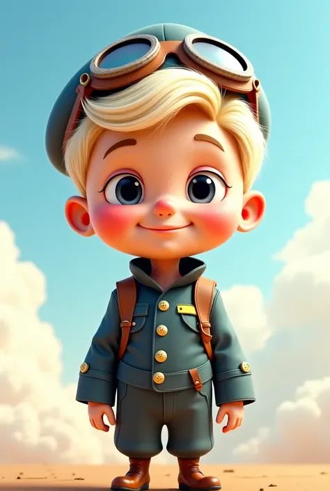  chubby boy with black eyes and platinum hair. With airplane pilot clothes. image illustration  