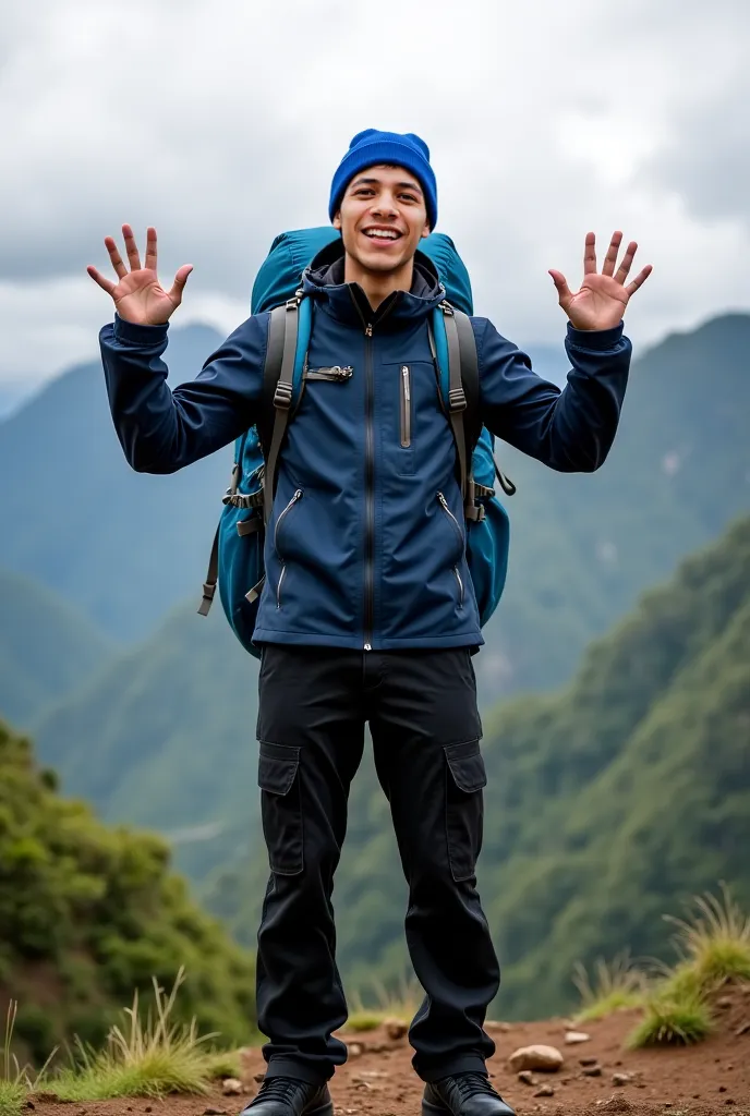  Front facing portrait,  Real human photo, alif  is a 25 years old man, well built body, white skin. Short Pixie  black hair, , expressive  black eyes,  . Wearing plain   dark blue zipped up jacket, black  cargo pant, blue winter beannie, black mountain sh...