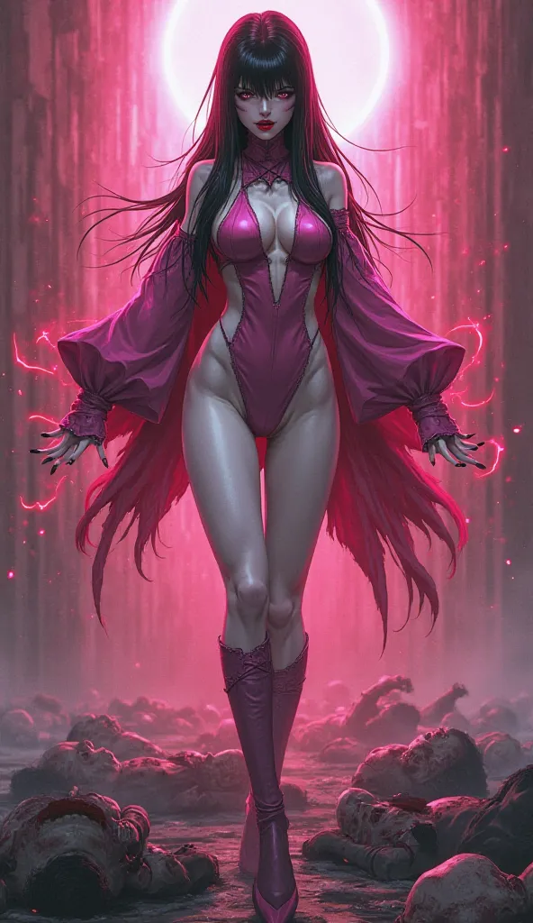 Full body art of A scary, violent woman wearing a pink and grey full body costume with exposed legs. A supervillainess with a soul of pure evil and hate. Her long straight raven black hair, gray eyes, glossy red lips and black nails. Sinister energy flowin...