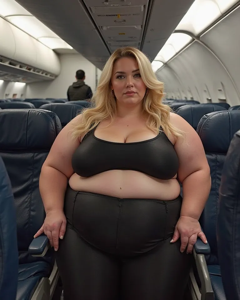 Beautiful plus-size model wearing extremely tight leggings and a small crop top, young woman, white woman, elegant blonde hair, beautiful blonde hair, in an airplane setting, taking up multiple seats on an airplane due to her large size, massive hips take ...