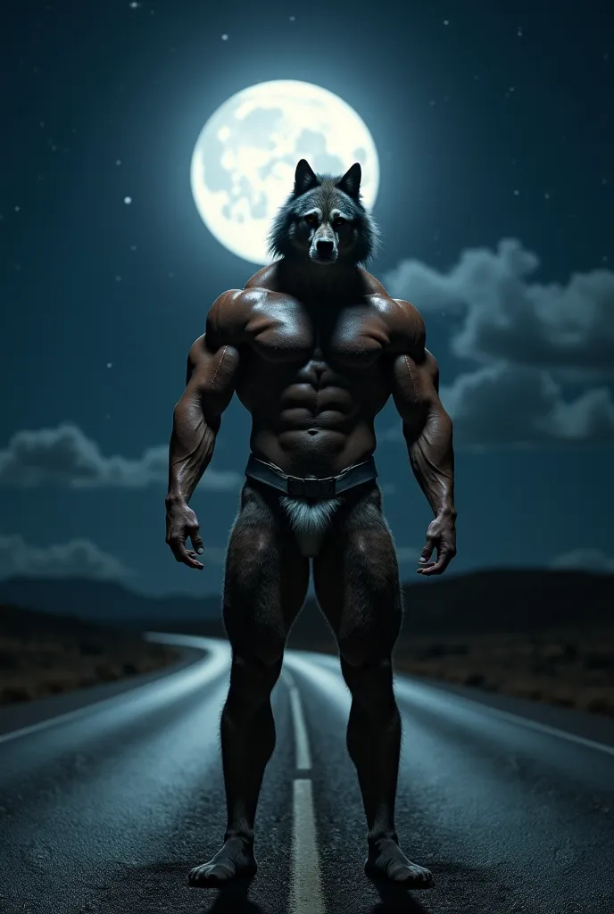 An extremely muscular man with the head of a wolf, posing under the intense light of a full Moon on a deserted road at night. His skin reflects the silver light of the moon, highlighting its defined muscles. From the scene, with long shadows and a starry s...