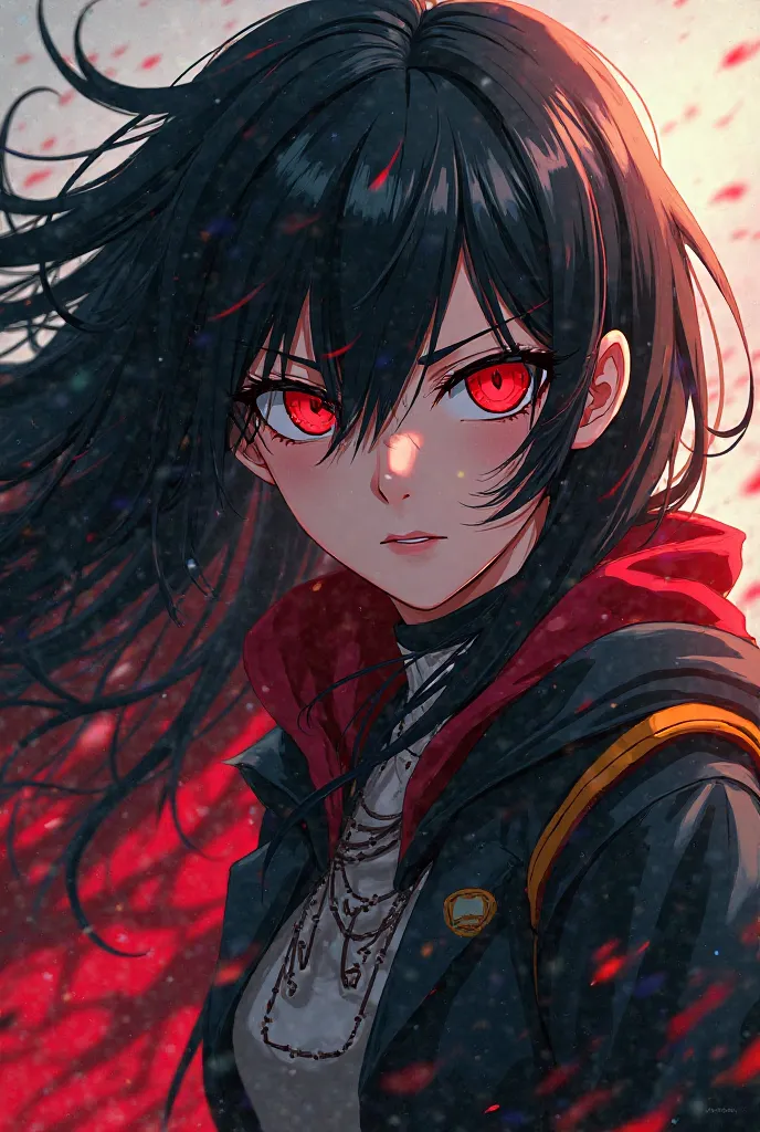  Screenshot of My Hero Academia ,long black hair with red tips with red eyes 