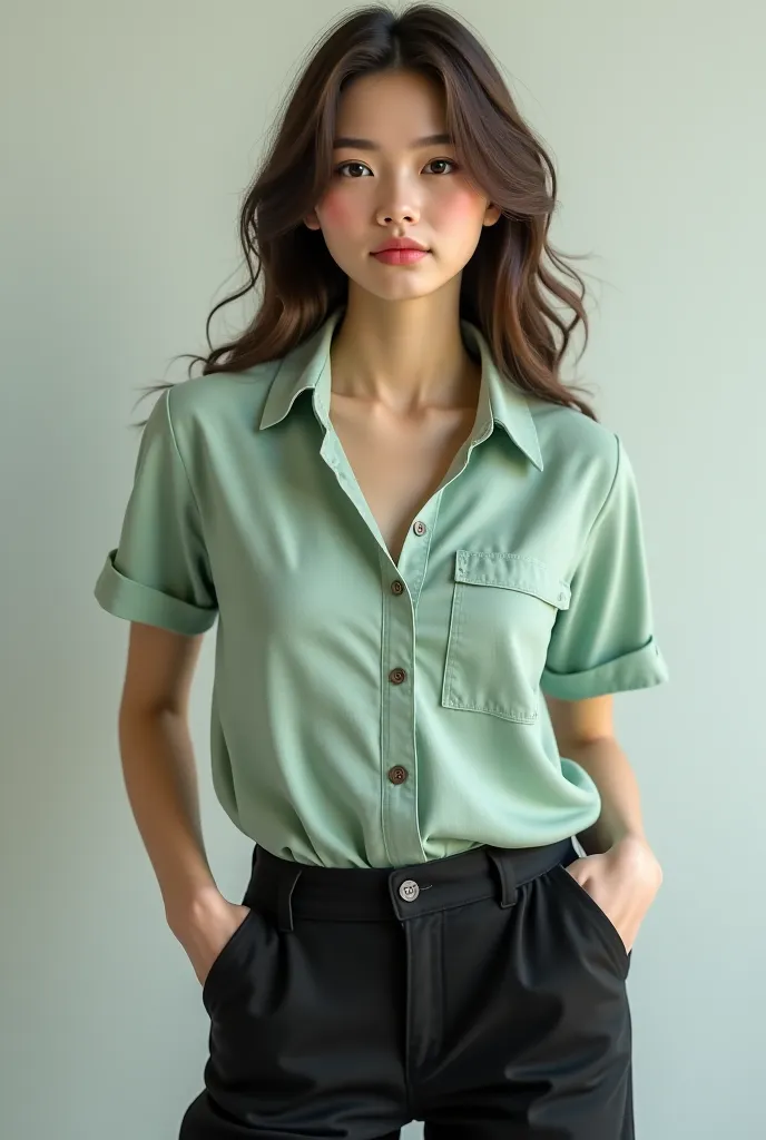 Generate a image of girl how wearing pastle sage green colour shirt and black cargo pant