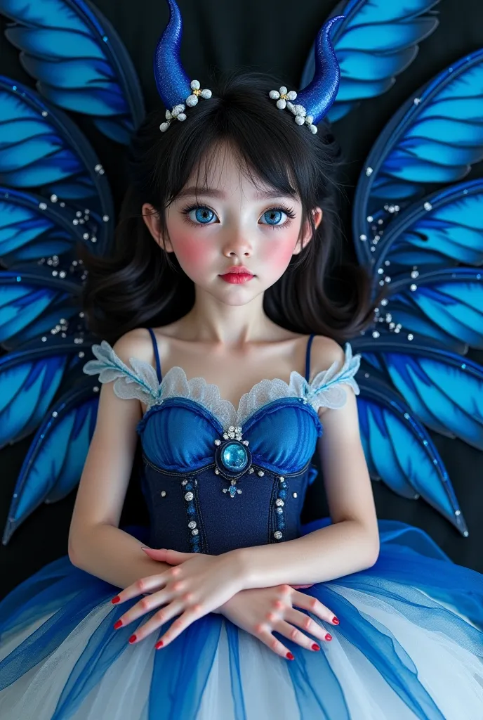 A supremely beautiful girl with six blue wings, whose eyes are a mix of blue vampire devil and angel powers. She is lying in an incredibly beautiful dress of white, blue, and black combinations, with enchanting eyes, pink lips, and long nails.