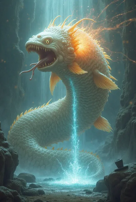 An ethereal creature that pours luminous water from giant urns. Its body is heavy and slippery, with currents of electrical energy that carry these urns. A serpentine carp with pale scales with a shimmering orange sphere shining in the center of its chest....