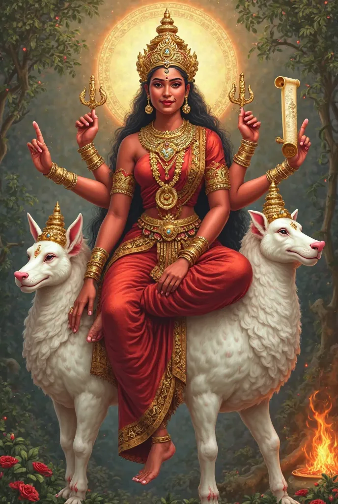 প্র"Create a detailed digital painting of a Hindu goddess with deep red skin, seated on a five-headed white man figure. The goddess should have four arms: one right hand raised in a blessing gesture, the other right hand holding a scroll, one left hand res...