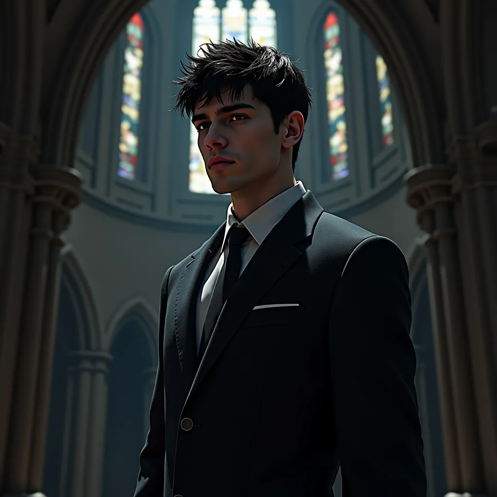 angel man, black hair, hyper realistic, detailed facial features, serious expression, standing pose, dark atmosphere, dramatic lighting, gothic cathedral interior, stained glass windows, stone architecture, dramatic shadows, dramatic contrast, digital art,...