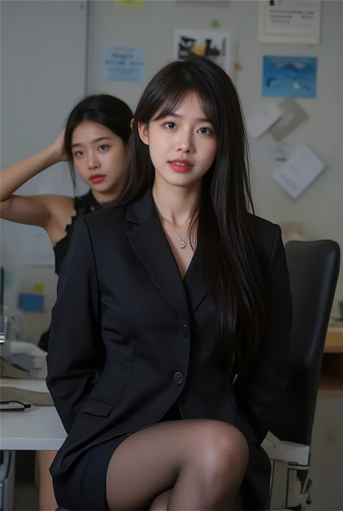 super detailed,Absolute determination,Beautifully detailed face and eyes,ultra-realistic,original photo,Two beautiful young Japanese women,No. 25,Ponytail, Embarrassing Smile , in heat ,Smooth bronze skin, black business suit ,Pencil Skirt,black leggings,B...