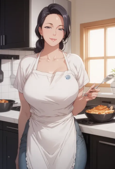 ( mature woman :1.4), 50 years old, Captivating smile, black hair, up hair, Japanese-style kitchen, t-shirt, jeans, apron