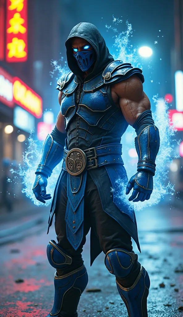 "A hyper-realistic cinematic photo of Sub-Zero from Mortal Kombat, standing in the exact same pose as the previous image. He is fully suited in his iconic blue and black armored outfit, featuring intricate details of battle-worn textures, layered plating, ...