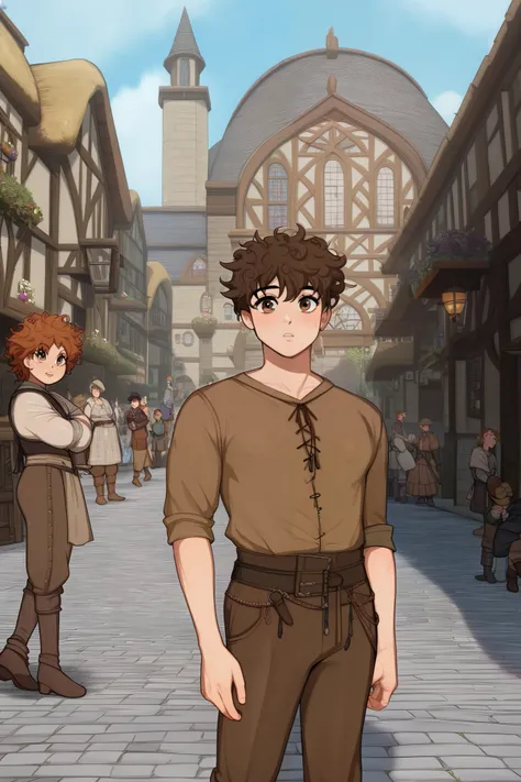 ((Cute short boy:brown straight messy hair,brown eyes,wearing medieval-style dark-brown shirt with intricate details and fitted brown pants,brown pants,petite boy)),(((Background of medieval kingdom surrounded by cobblestone buildings and people back, neut...