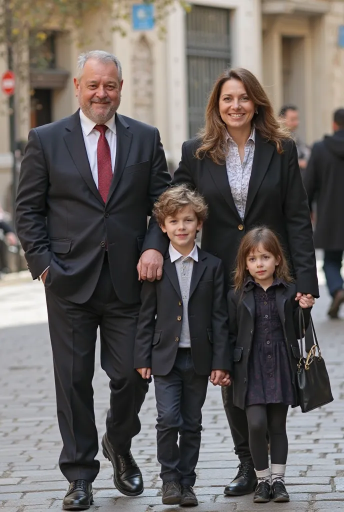 Une femme joyese avec ses enfants la femme est avocate ses deux filles  sont au lycée ave une tablier noir et blanc carré son garçon qui est au faculté porte a la main un livre de nom "insat" et une petite fille de 10 ans avec son mari qui esr un professeu...