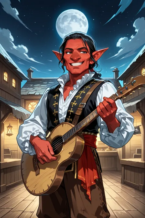 hobgoblin, solo, male, red skin, [[young]], big nose, pointed ears, black hair, (colonial era ruffle shirt, slavic style), black colonial trousers, charming, graceful, smiling, flirting, holding a Spanish guitar , ((performing in a village square near the ...