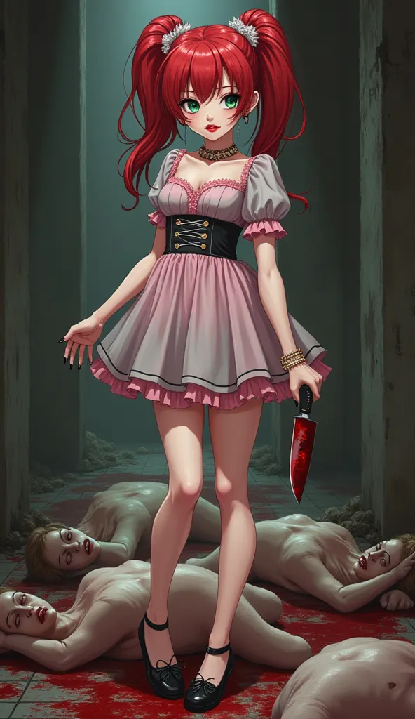 Full body art of A sadistic, beautiful woman wearing a pink and grey babydoll dress and black Mary Jane shoes. Wearing gorgeous jewelry. A serial killer with a soul of pure evil and hate. Her ponytailed red hair, green eyes, glossy red lips and black nails...