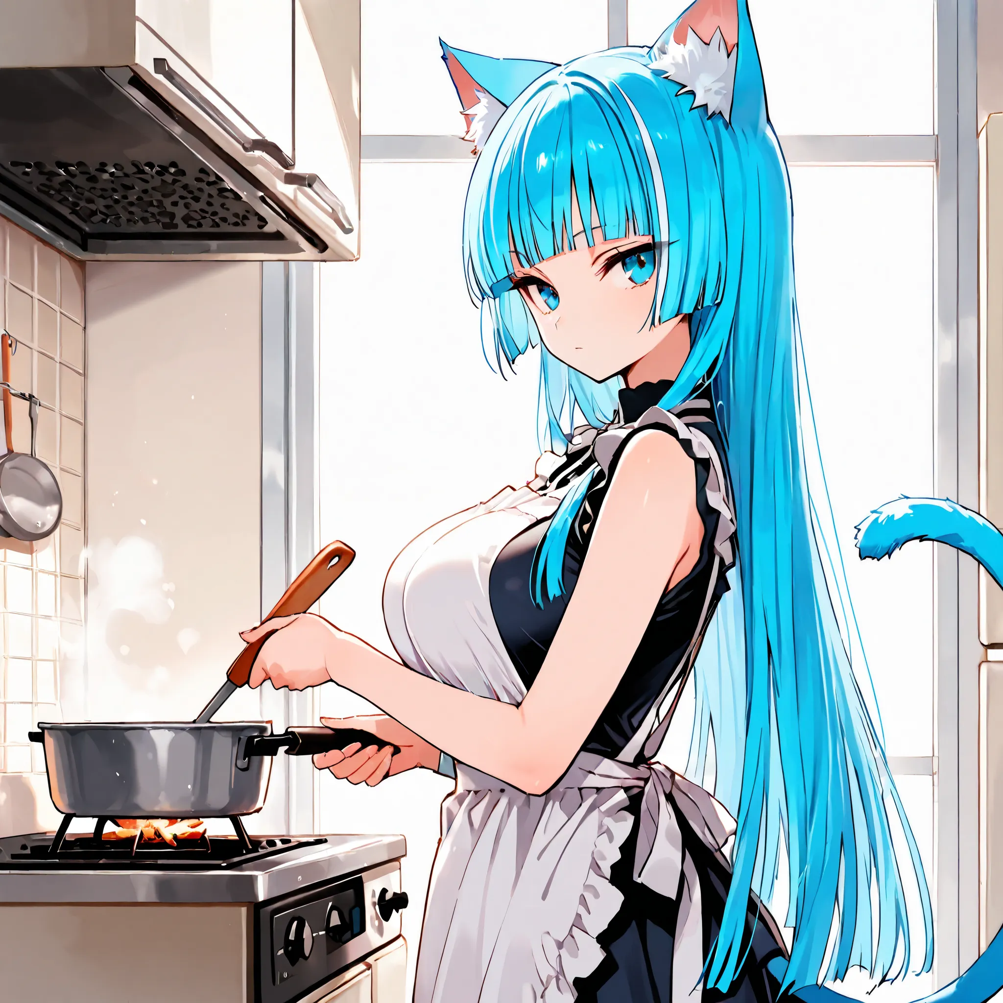 masterpiece, best quality, score_9, score_8_up, catgirl, cat ears, cat tail, (bright blue hair:1.4), (bright blue tail:1.4), blue eyes, large breasts, 1girl, solo, hime cut, blunt bangs, straight hair, expressionless face, tsurime eyes, white streaked hair...