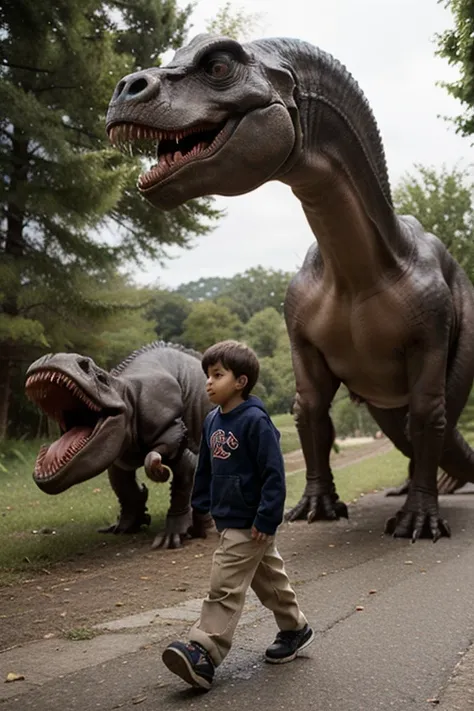 Boy walks alongside huge t-rex dinosaur