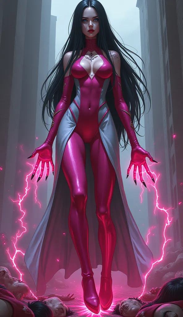 Full body art of A scary, violent woman wearing a pink and grey full body costume with exposed legs. A supervillainess with a soul of pure evil and hate. Her long straight raven black hair, gray eyes, glossy red lips and black nails. Sinister energy flowin...