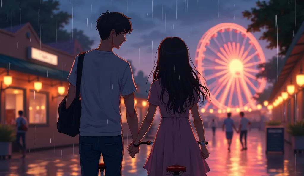 Create a romantic illustration set in the twilight of a glowing city. Draw a pair of lovers walking together, their hands clasped tightly. The dark city lights illuminate the streets, create a warm and memorable atmosphere. in the background, there is a tr...