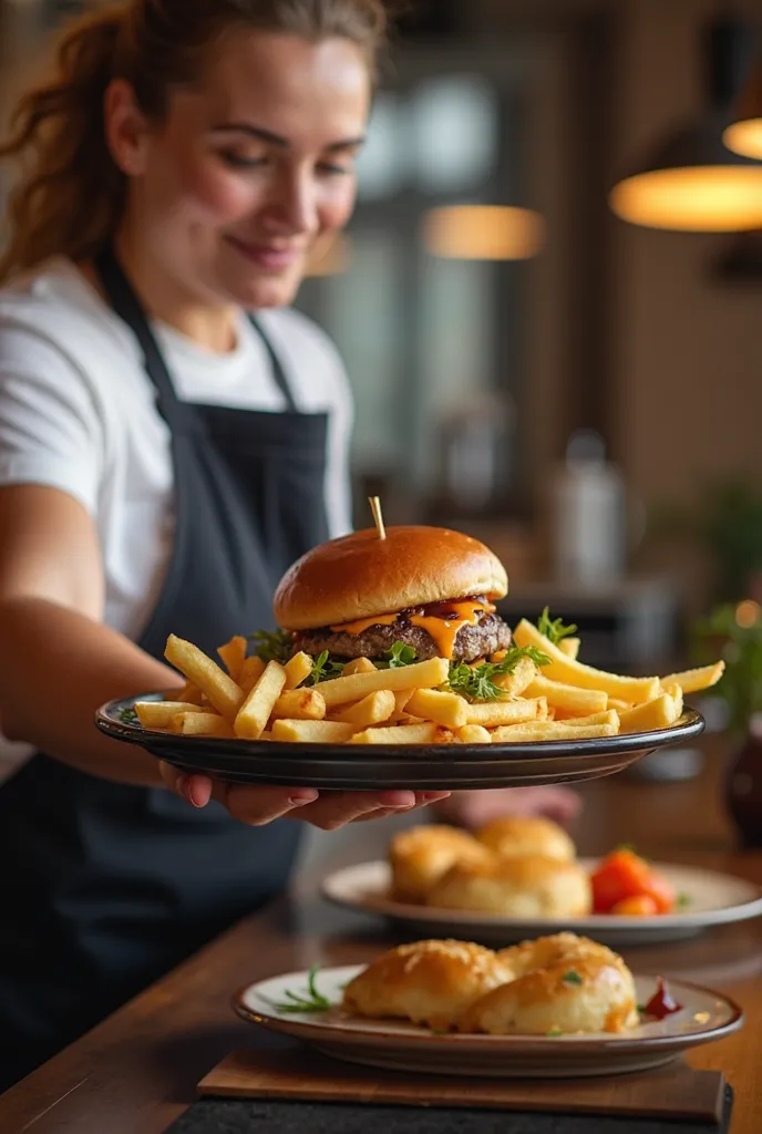 There's a woman serving a plate of food to a man, instagram Public ,  Public , offering a plate of food,  serving French fries , 658923803, cooking show,  serving hamburgers , slightly pixelated , best chef , 555400831, standing in a restaurant , professio...