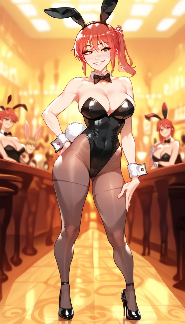 ctiankobayashi, black stokings, chocker, Bunny ears cloth, naked, bunny tail, Bunny suit, black Bunny suit, smile, smiling, black heels, full body, heels on floor, standing, 1 girl, black stockings, small tits