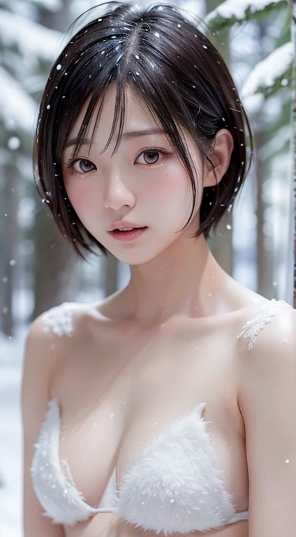 in the snowy forest, Japanese shirtless girl, snowing ,pupils sparkling, short hair, upper body, skin is frozening, realistic Portrait, depth of field, f/1.8, anatomically correct, textured skin, super detail, high details, high quality, super detail, high...