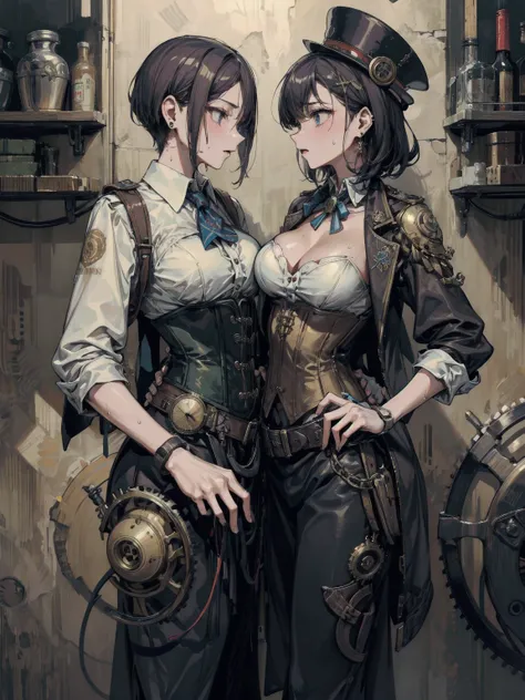 earring, large breasts, medium short hair, black hair, sexy, erotic, seductive, Sensual, adult body, sweat, cowboy shot, steampunk fashion, corset, waistcoat, high-collared blouse, top hat with mechanical gears,