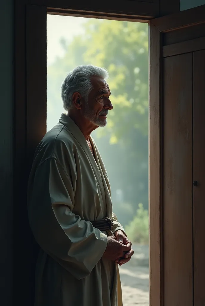 Grey-haired white man, 60 years, blue eyes, he is in front of an open door. He's an old old man in an old man's robe. profile. He has a light expression of satisfaction. It may be of a.