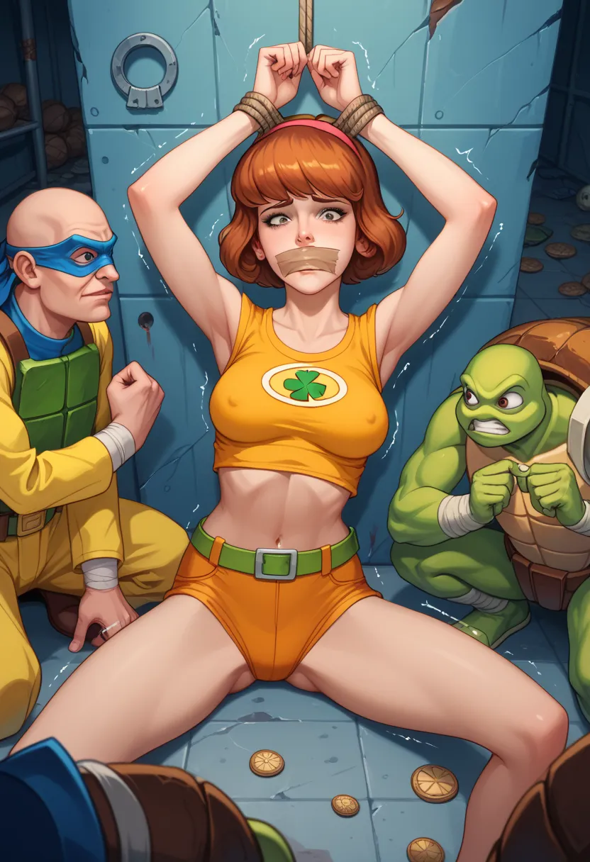 (April O'Neil:1.3), blunt bangs,medium breast, attacked by turtles, bound tape gag, abandoned basement, indoor, high quality, multiple monsters, group ,miscegenation,trembling, sad, turtles monster,creepy turtles,turtles cling to the girl,turtles attacking...