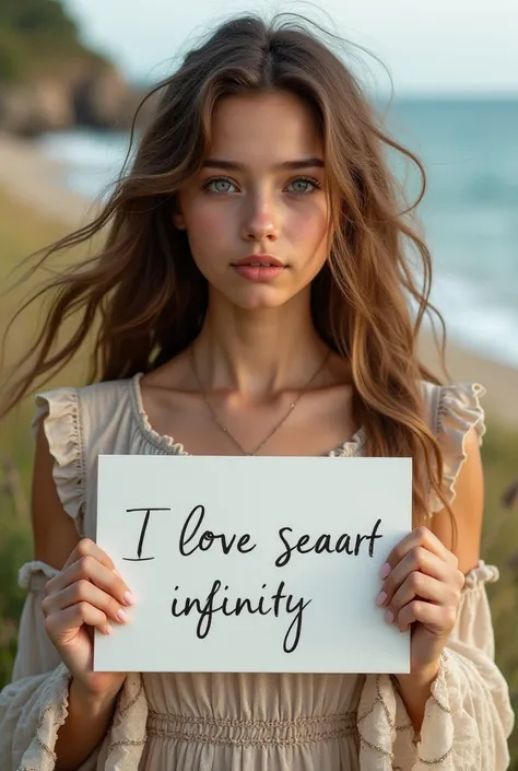 Beautiful girl with wavy long hair, bohemian dress, holding a white board with text "I Love Seaart Infinity" and showing it to the viewer