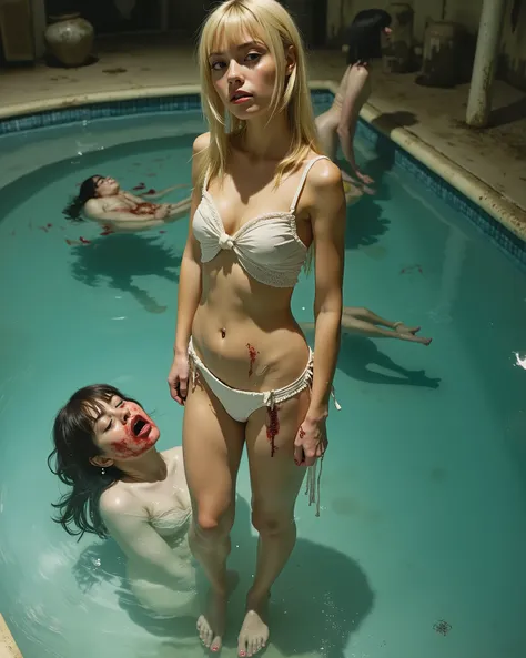 Girl in sheer white micro bikini, wet, swimming pool, slender, blonde, small chest, a banana hidden inside the front of her bikini swim suit bottoms, causing a bulge, severed woman’s head floating in the water, bloody, gory, erotic Breasts, Blush, Bangs, B...