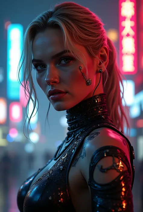 Scarlett Johansson in the style of the game Cyberpunk 2077
