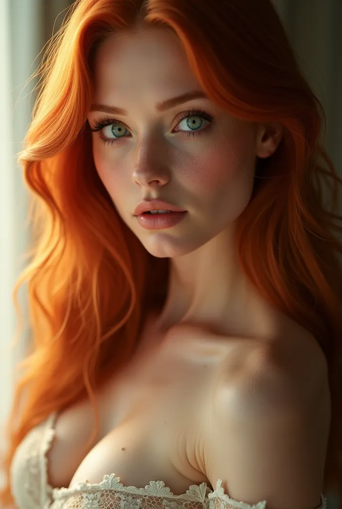 A hyper-realistic, ultra-detailed portrait of a stunning fair-skinned redhead with vibrant green eyes. She has a slim, toned physique with natural curves, including a defined waist, full breasts, and well-proportioned hips. Her porcelain-like skin is smoot...