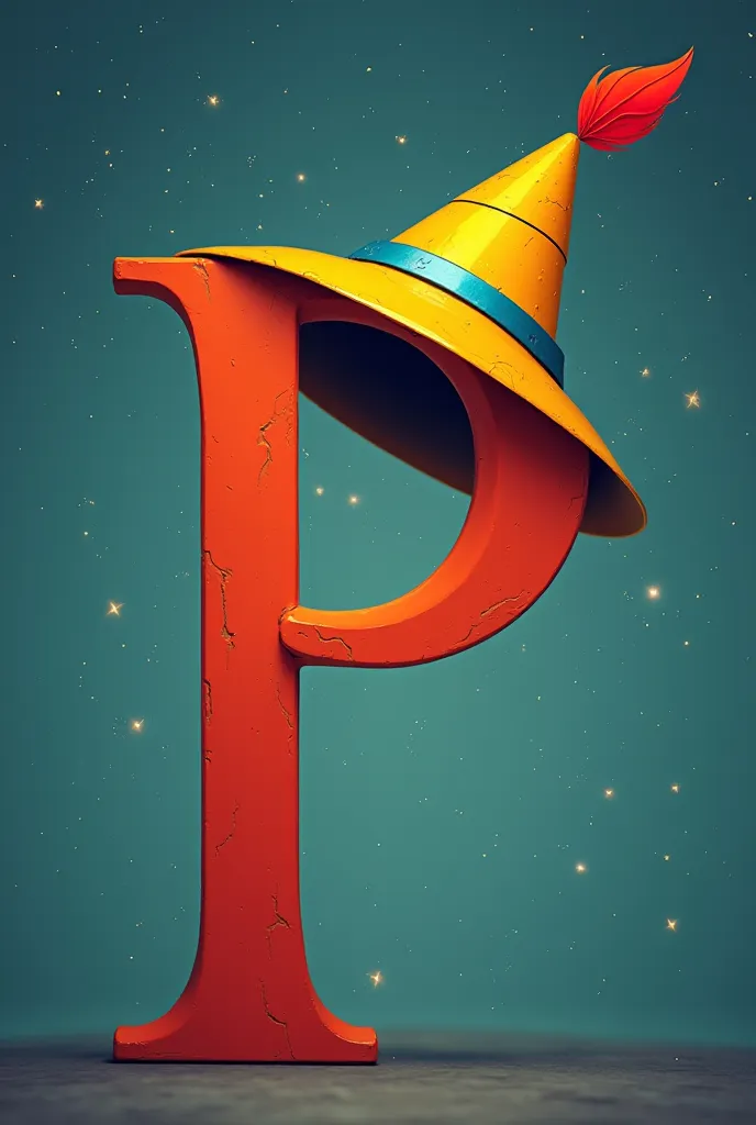 Create an image that is only letters and says the word Pinocchio and that each letter in this title is an allusion to the film, for example, that the P has a yellow hat with a red feather, such as the character Pinocchio.