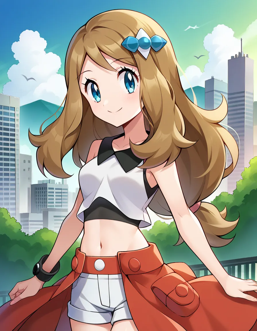  score_9,  score_8_high,  score_7_high, Those_Anime-Series,
pokemonserena, serena, long hair , blue eyes, brown hair, smile,
short Shorts , Shorts under skirt , Shorts , striped , navel , hair ornament  , Waterhair  , Crop Top , ; d ,,
outside, Cityscape,
...