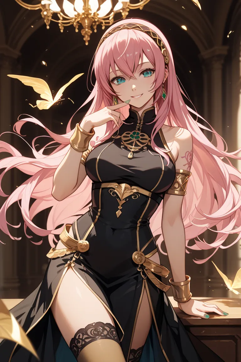 (best quality),(masterpiece),8k,high resolution,  (ultra-detailed) , Alone , girl ,cute,  Megurine _hand, Megurine Luka , pink hair , long hair , smile , create a perfect body line , draw an anatomically accurate picture , Hot body , exact finger , red 03 ...