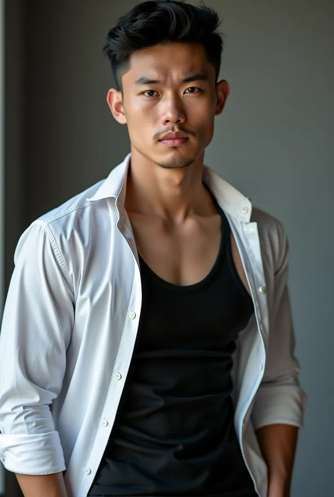 Portraying a young asian guy, handsome and charming, toned body with lots of muscles, wear an office shirt and a tank top that hugs the inside. Body shaping.